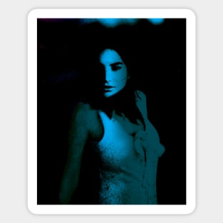 Portrait, digital collage, special processing. Disturbed woman, looking on us. Beautiful. Aquamarine. Sticker